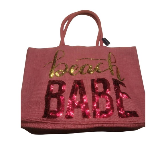 Kendall+James Handbags - Kendall+James Hot Pink Natural Jute Shoulder Tote Bag with Sequin Beach Babe